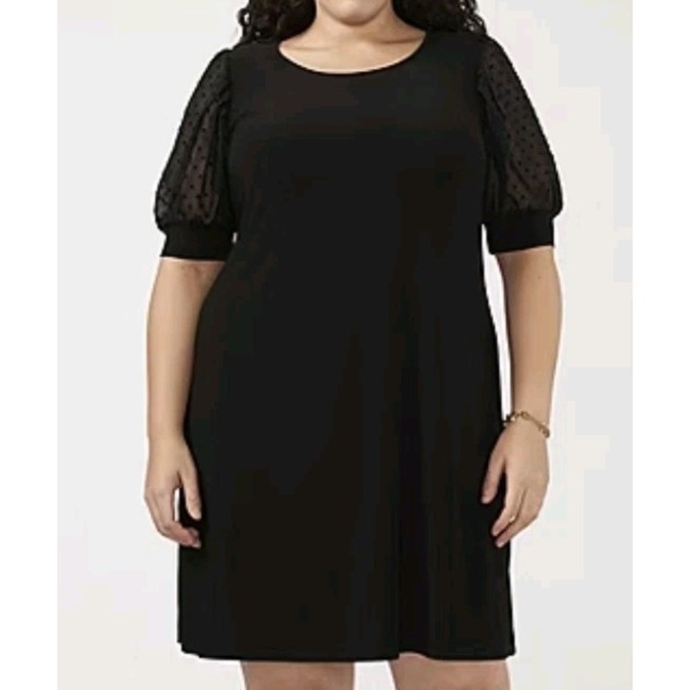 New Msk Black Swiss Dot Sheer Sleeve Shift Dress Size M‎ Stretchy Lightweight